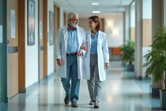 Medecin femme guide un patient age dans un hopital