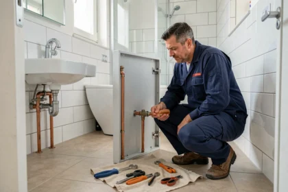 Plombier professionnel inspectant des canalisations en cuivre dans une salle de bain moderne dans le département du Cher