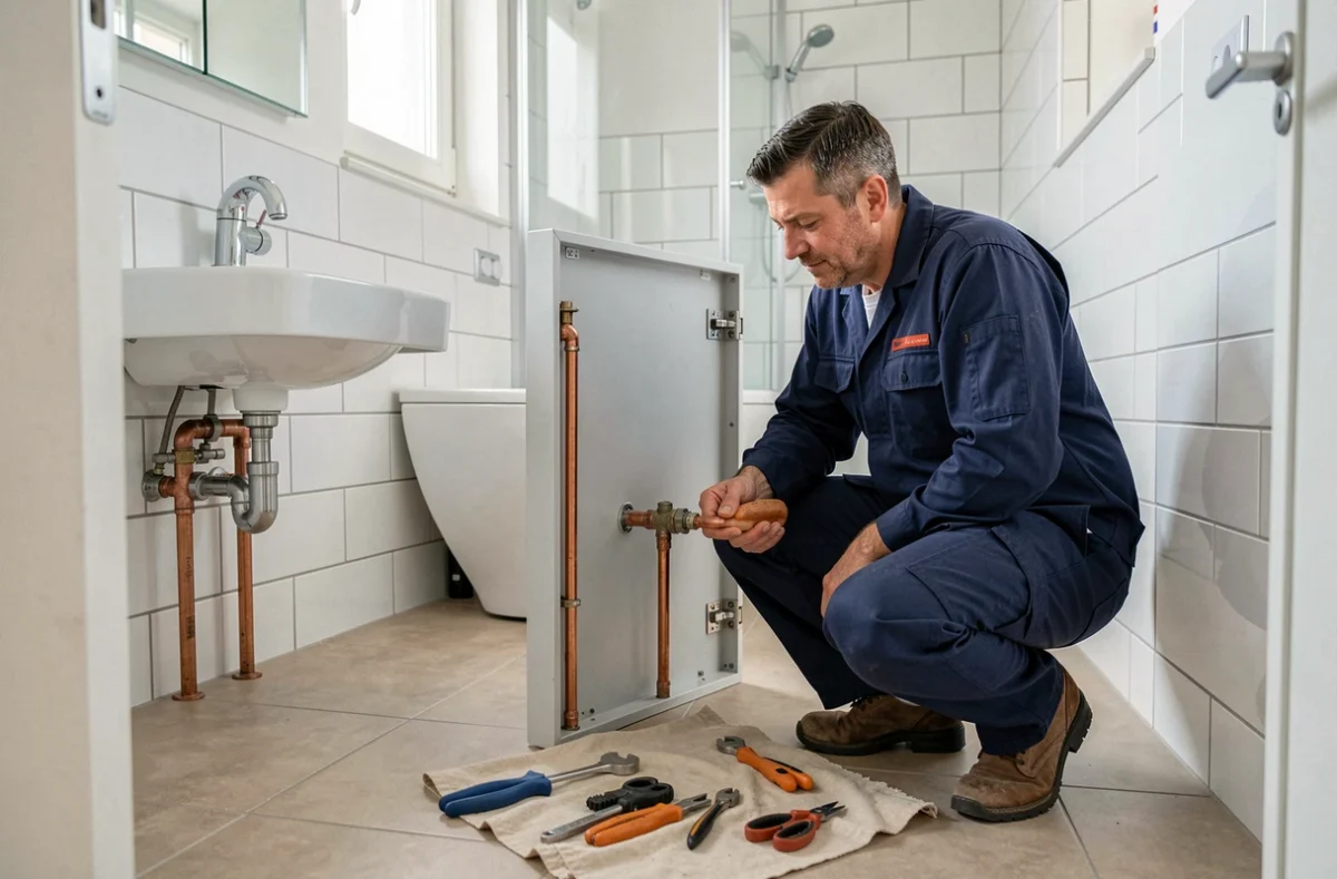 Plombier professionnel inspectant des canalisations en cuivre dans une salle de bain moderne dans le département du Cher