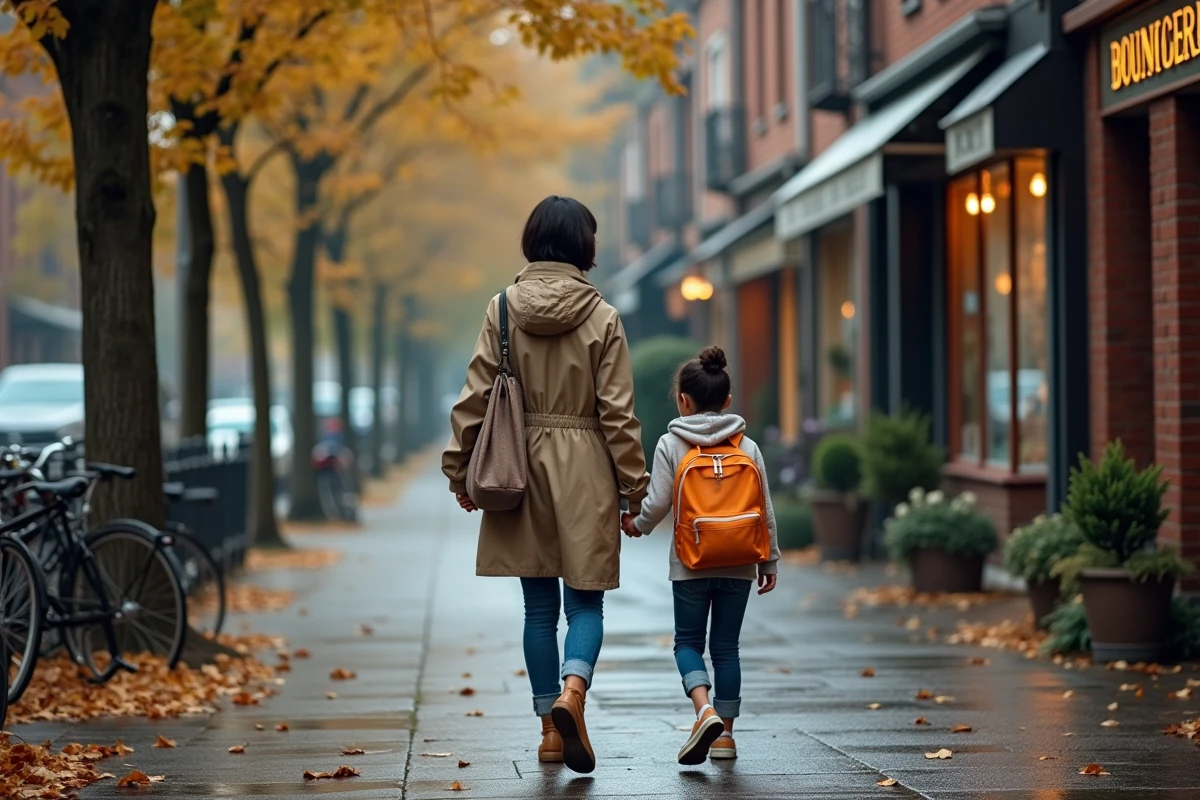 Mère monoparentale tenant la main de sa fille en chemin vers l'école sur un trottoir parisien en automne