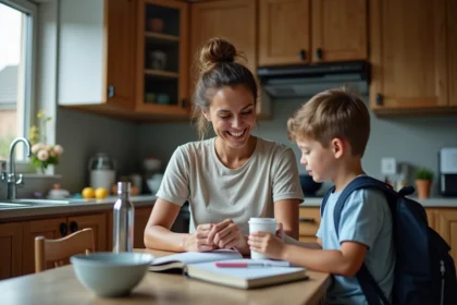 Mère monoparentale aidant son enfant à préparer son sac d'école le matin dans une cuisine familiale chaleureuse