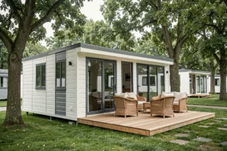 Mobil-home moderne français avec terrasse en bois et grandes baies vitrées dans un camping verdoyant