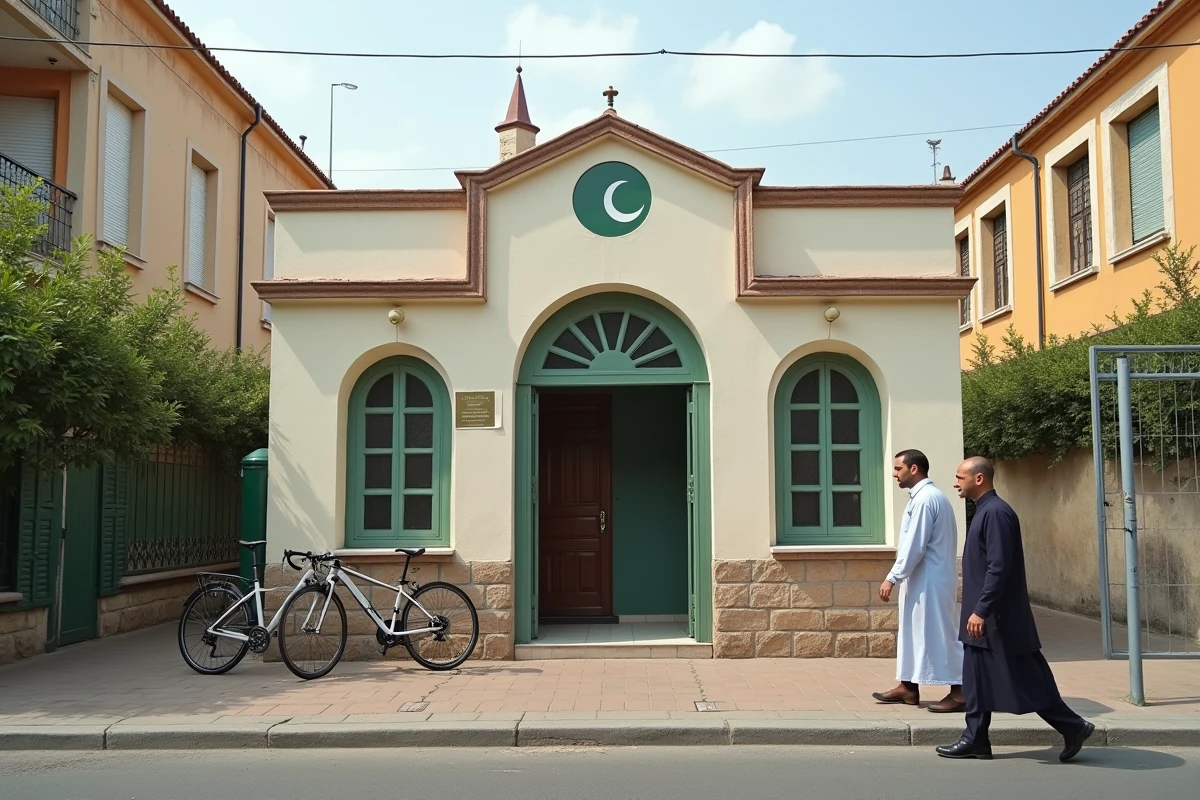 Façade d'une petite mosquée de quartier à Saint-Martin-d'Hères avec des fidèles à l'entrée