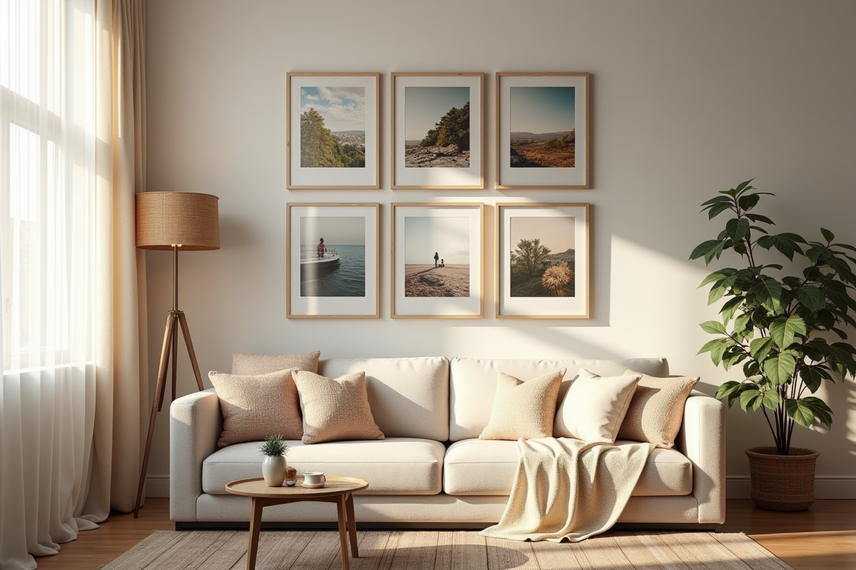 Mur de salon décoré de photos Instagram lumineuses et colorées