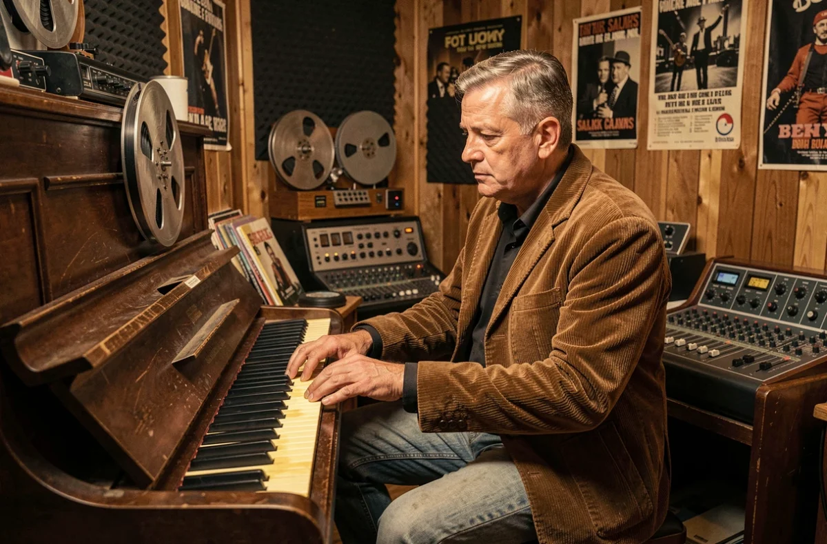 Musicien américain des années 70 jouant du piano dans un studio d'enregistrement vintage avec magnétophones à bobines et consoles analogiques