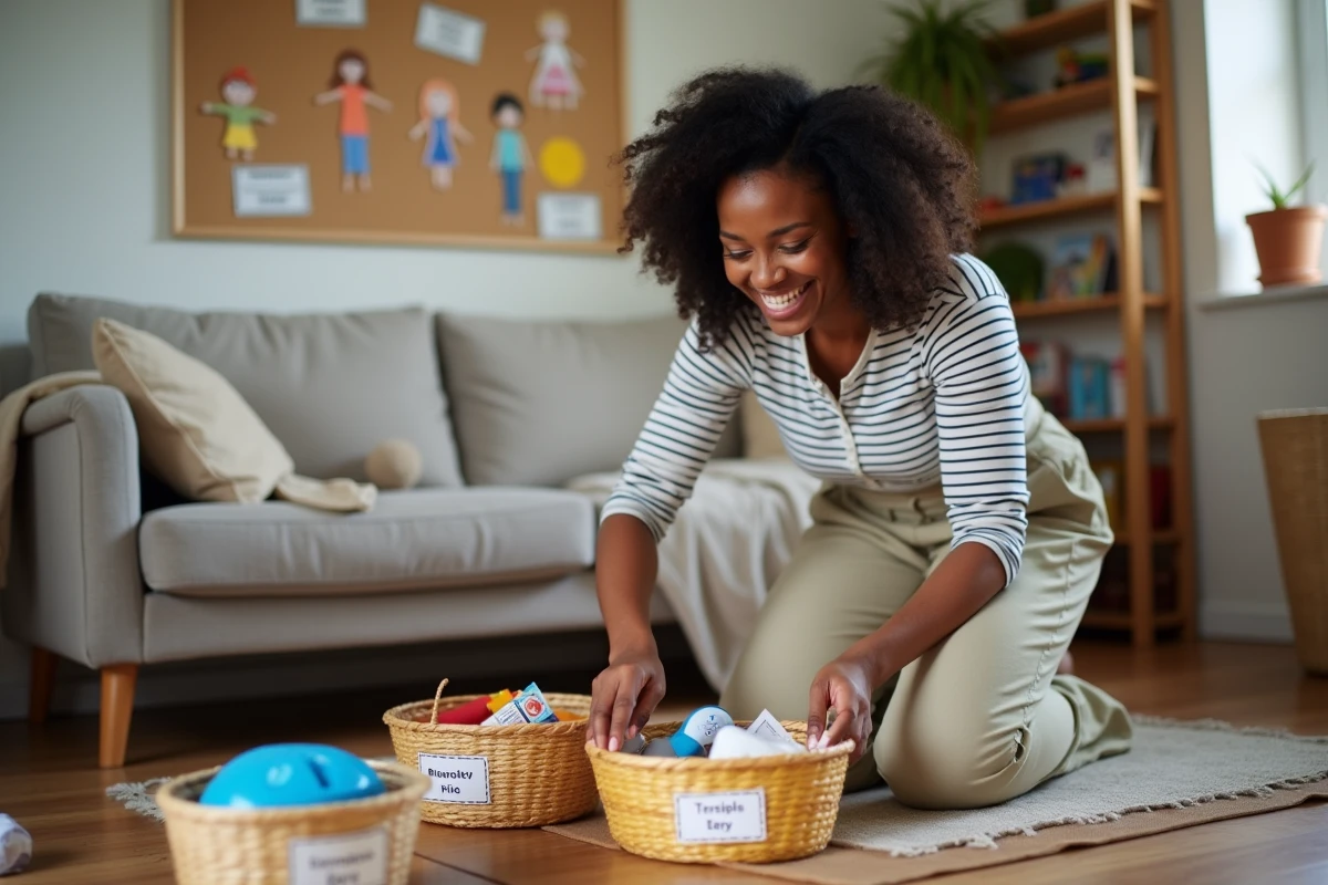 Mère célibataire organisant des activités pour enfants dans un salon familial décoré de dessins