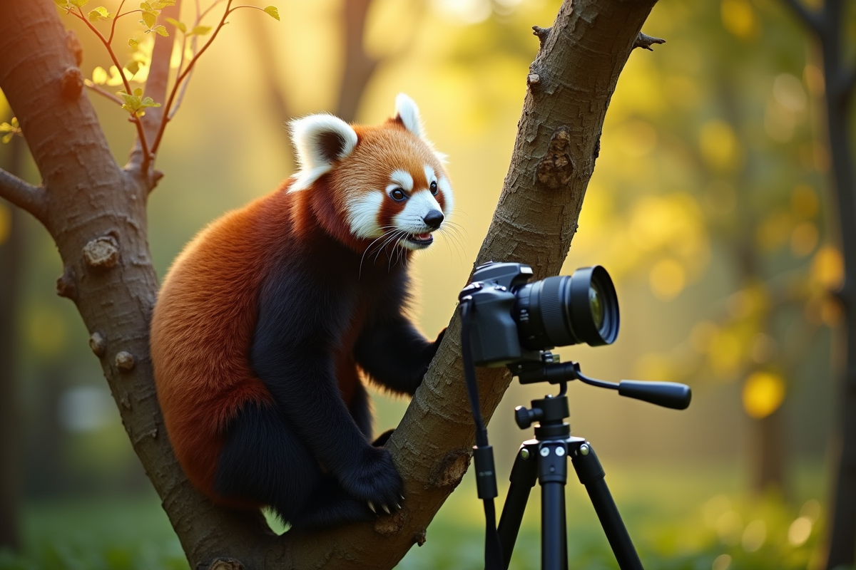 Panda curieux dans un arbre en forêt lumineuse au matin