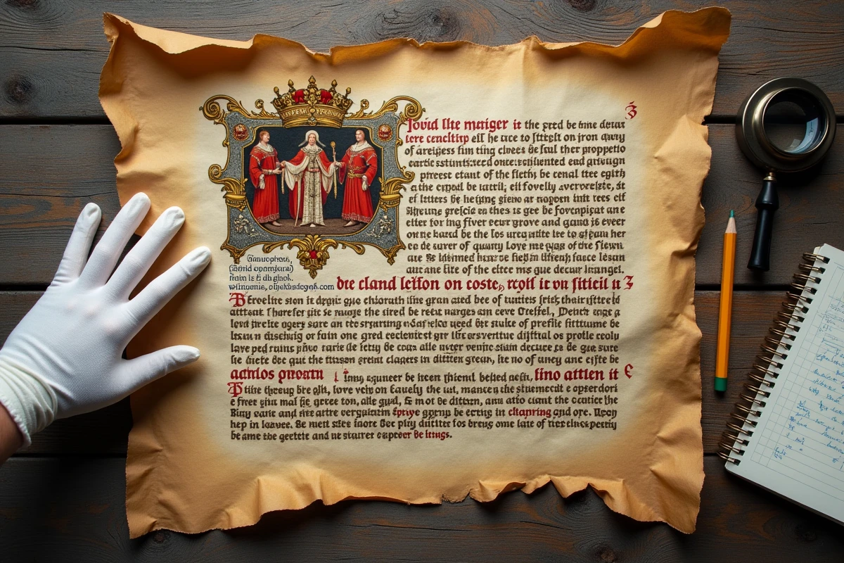 Détail d'un parchemin médiéval enluminé représentant le roi Charles VI entouré de ses conseillers, étudié par un chercheur