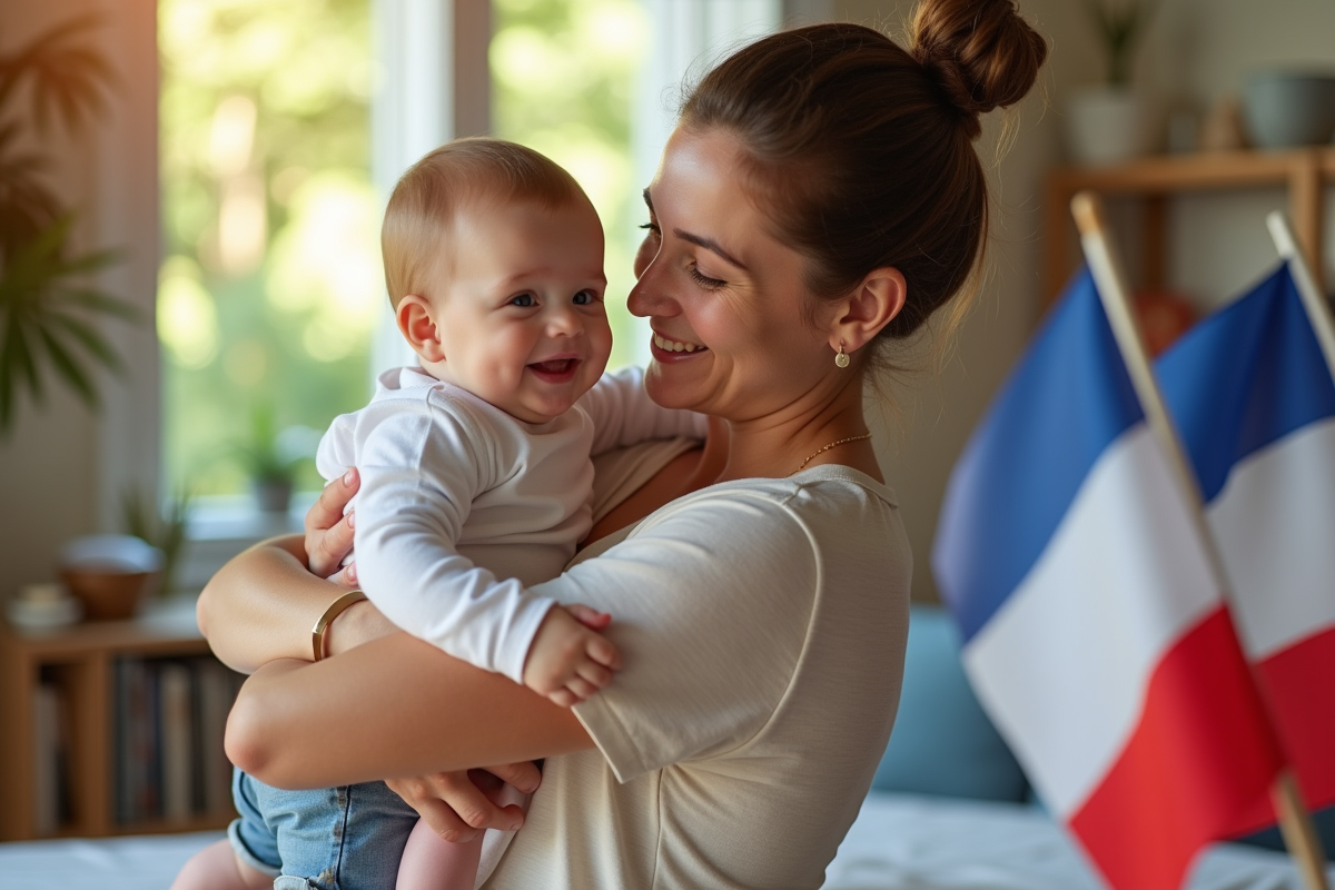 Parent souriant tenant un bébé près du drapeau français