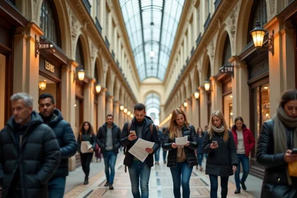 Touristes se promenant dans le Passage Vivienne à Paris, avec le sol en mosaïque et la verrière néoclassique