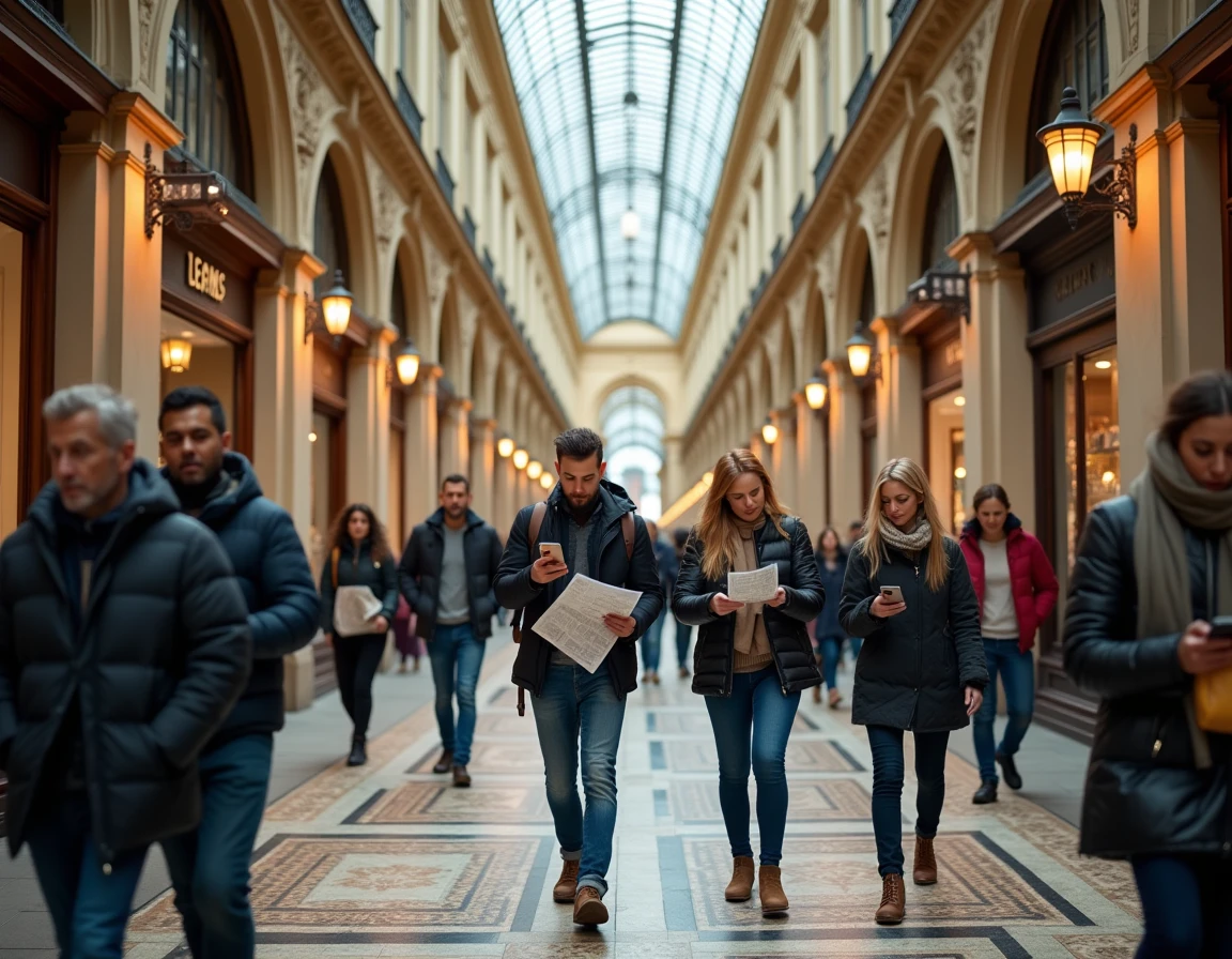 Touristes se promenant dans le Passage Vivienne à Paris, avec le sol en mosaïque et la verrière néoclassique