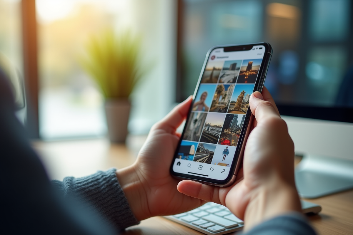 Personne tenant un smartphone affichant une grille Instagram