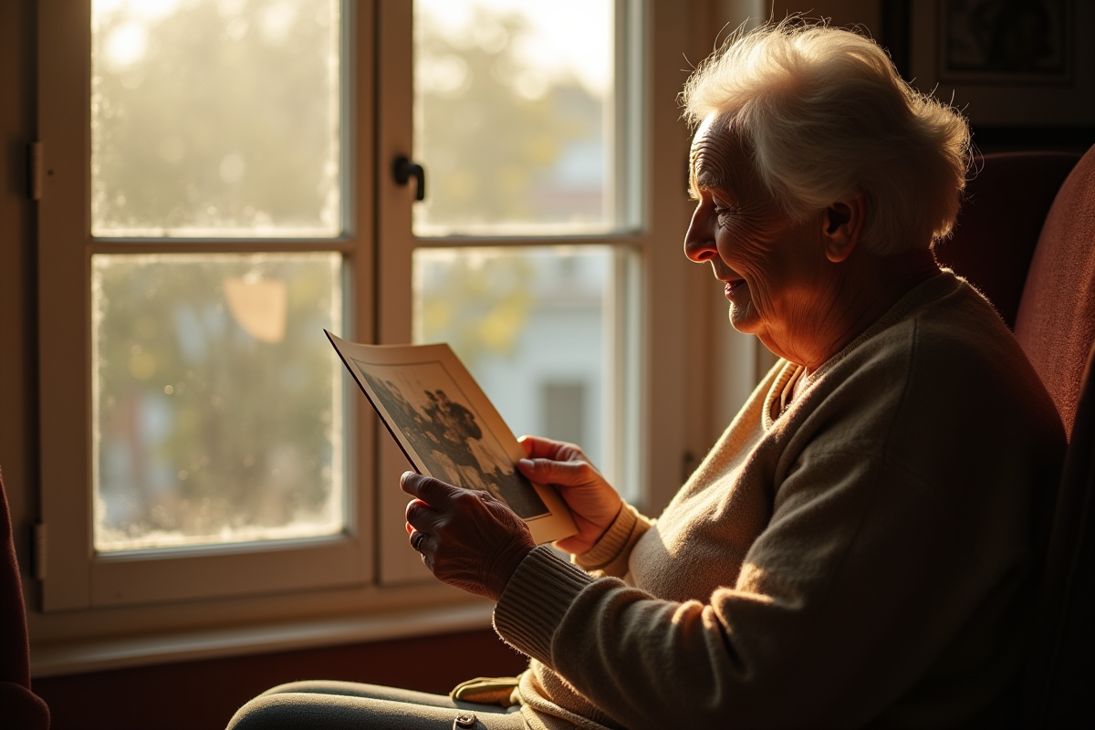 Personne agee tenant une photo ancienne près d'une fenêtre lumineuse