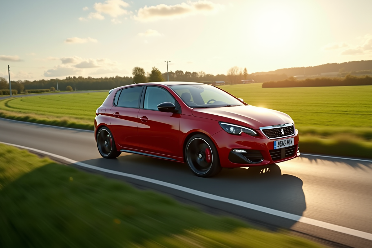 Peugeot 308 GTI en mouvement dans la campagne verte