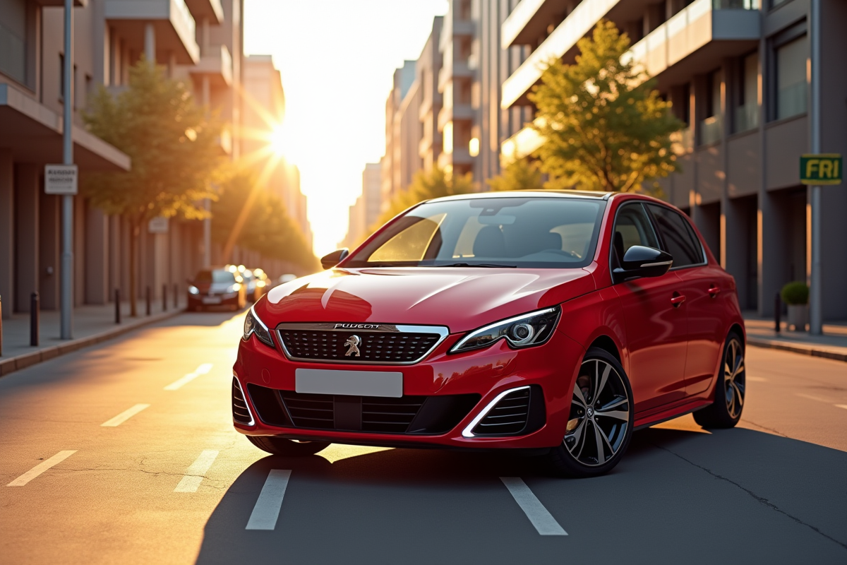Peugeot 308 GTI rouge en ville au matin lumineux