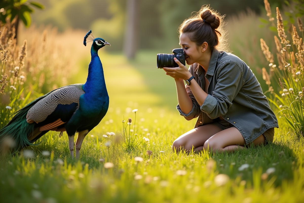Photographe dans la prairie capturant un paon aux plumes colorées