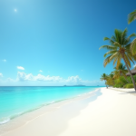 Plage tropicale avec eau turquoise et palmiers
