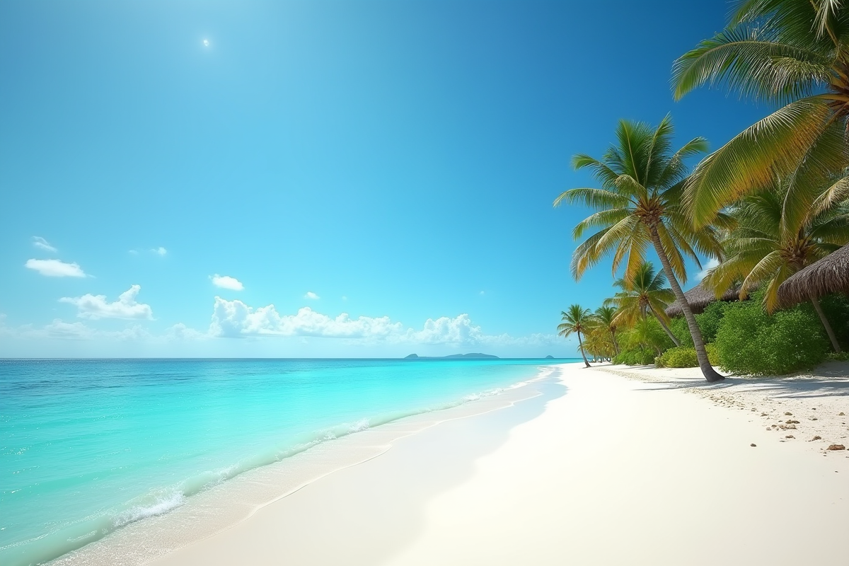 Plage tropicale avec eau turquoise et palmiers