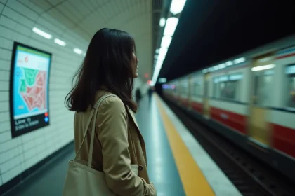 Femme consultant le plan de la ligne 13 du métro parisien sur un quai de station la nuit