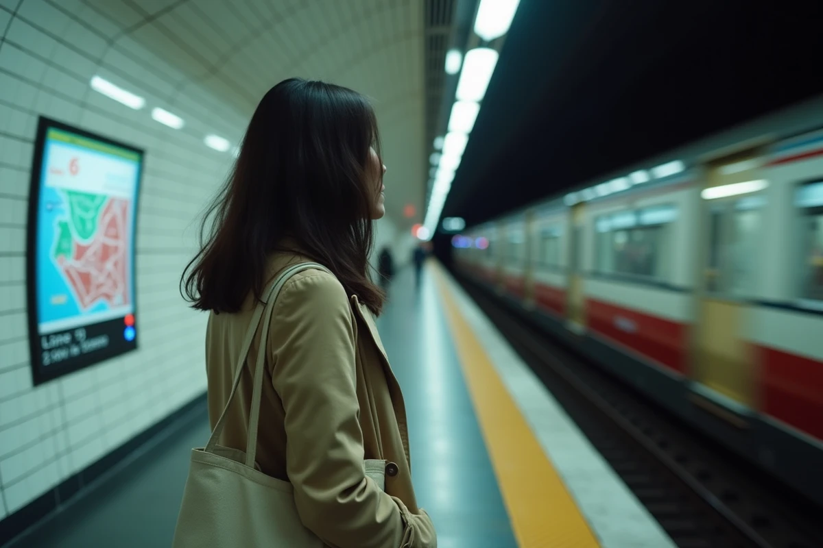 Femme consultant le plan de la ligne 13 du métro parisien sur un quai de station la nuit