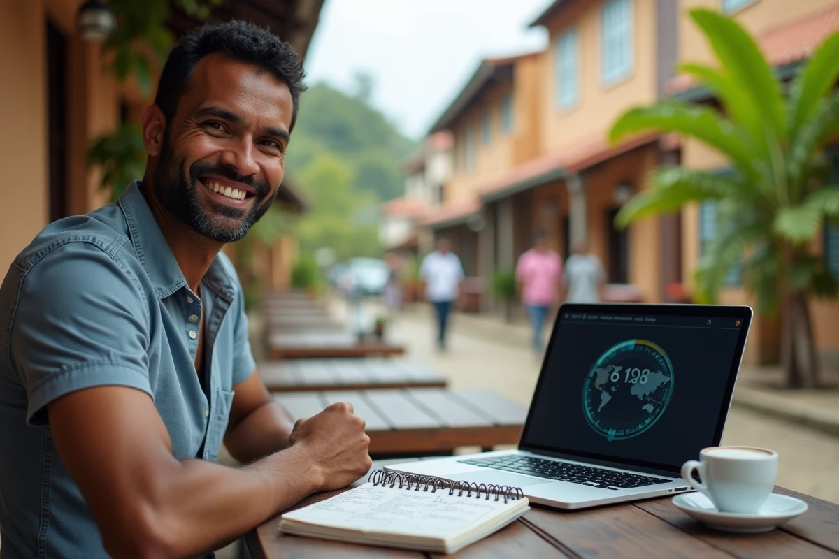 Homme en terrasse de café en Guyane française consultant un calendrier et un site d'heure mondiale sur ordinateur portable pour éviter les erreurs de planning