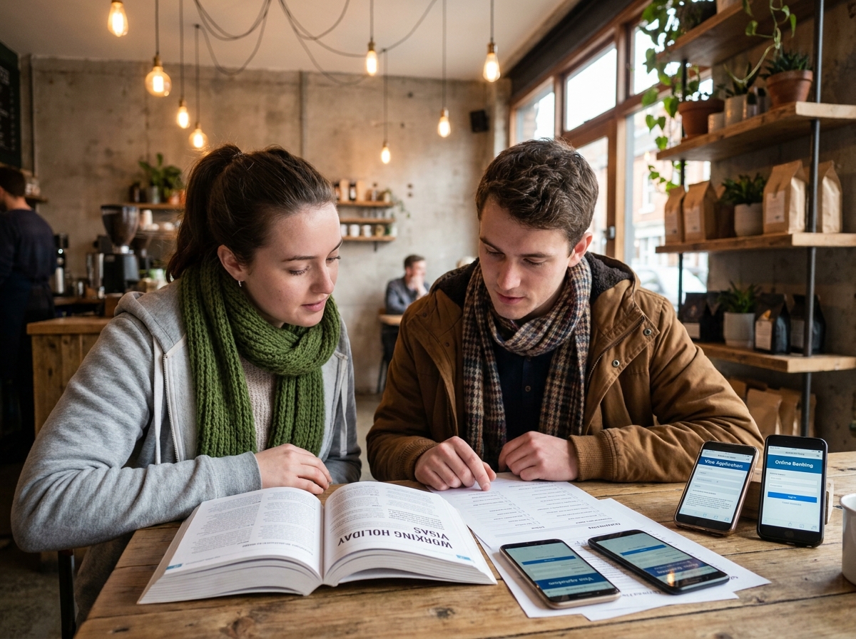 Deux amis planifiant leur PVT ensemble dans un café en consultant des listes de préparation et des guides de visa vacances-travail