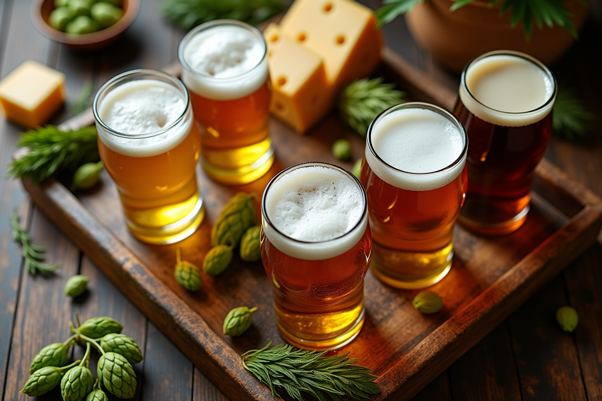 Plateau de bières belges avec houblons et fromages