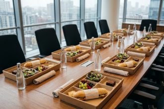 Plateaux-repas individuels disposés sur une table de salle de réunion en entreprise pour un déjeuner de travail