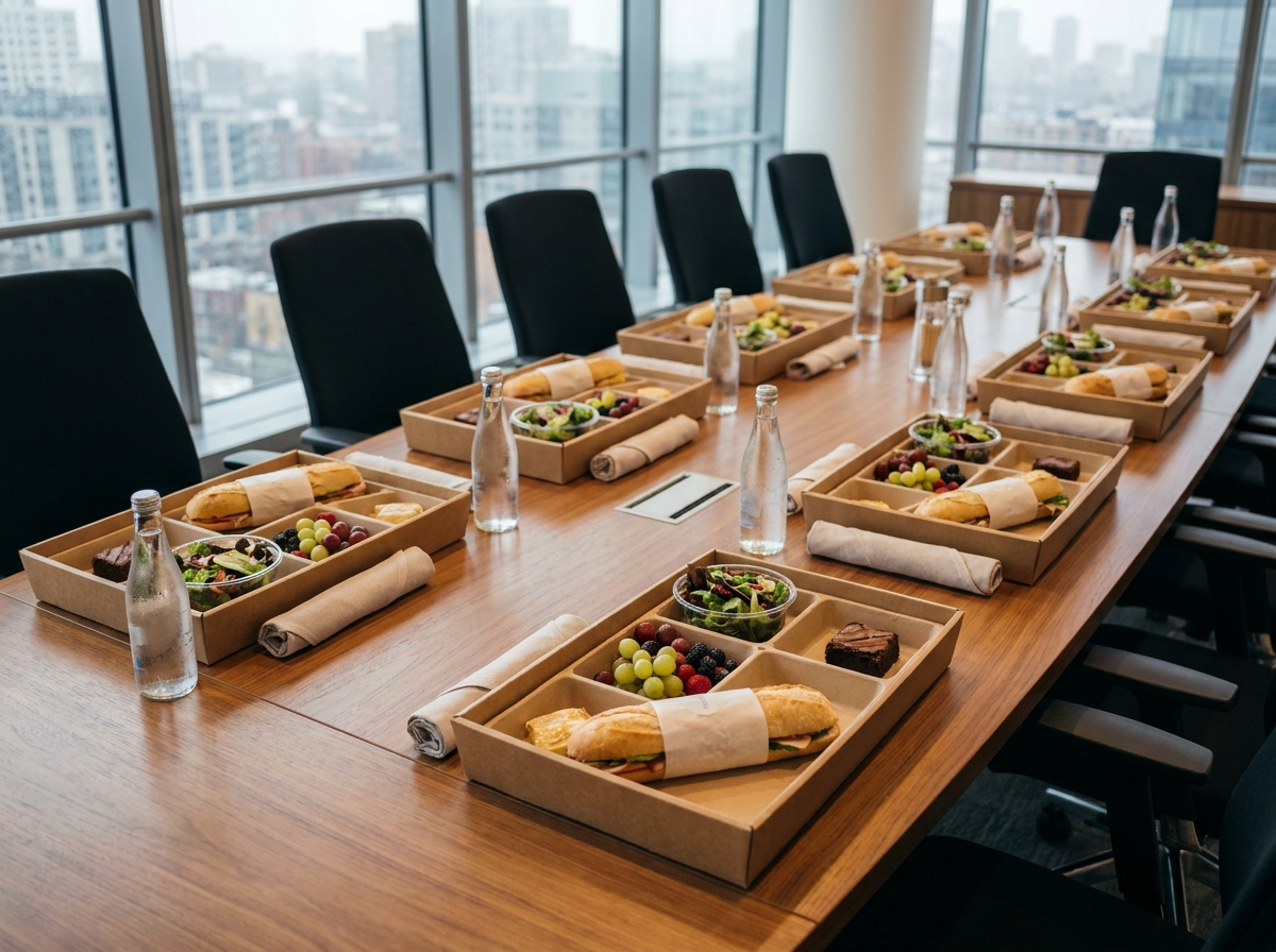Plateaux-repas individuels disposés sur une table de salle de réunion en entreprise pour un déjeuner de travail
