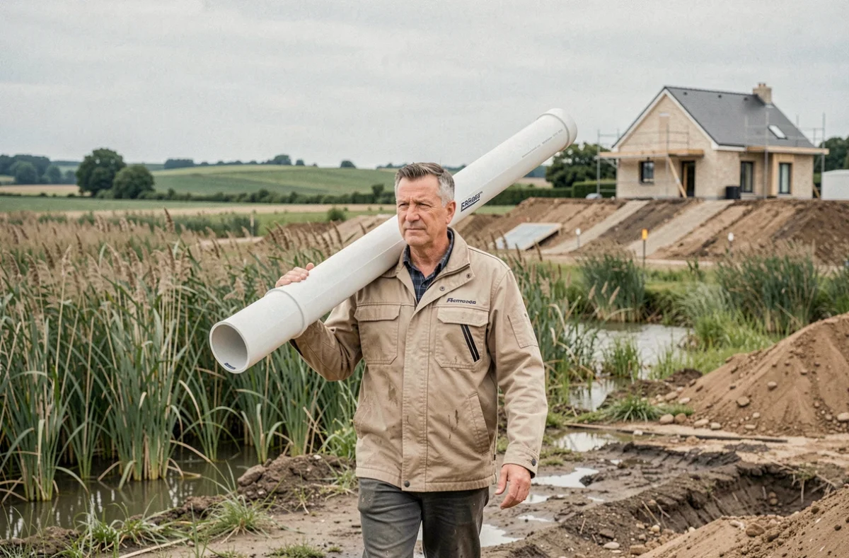 Plombier de Plomberie Sologne transportant une conduite PVC sur un chantier rural en région Sologne