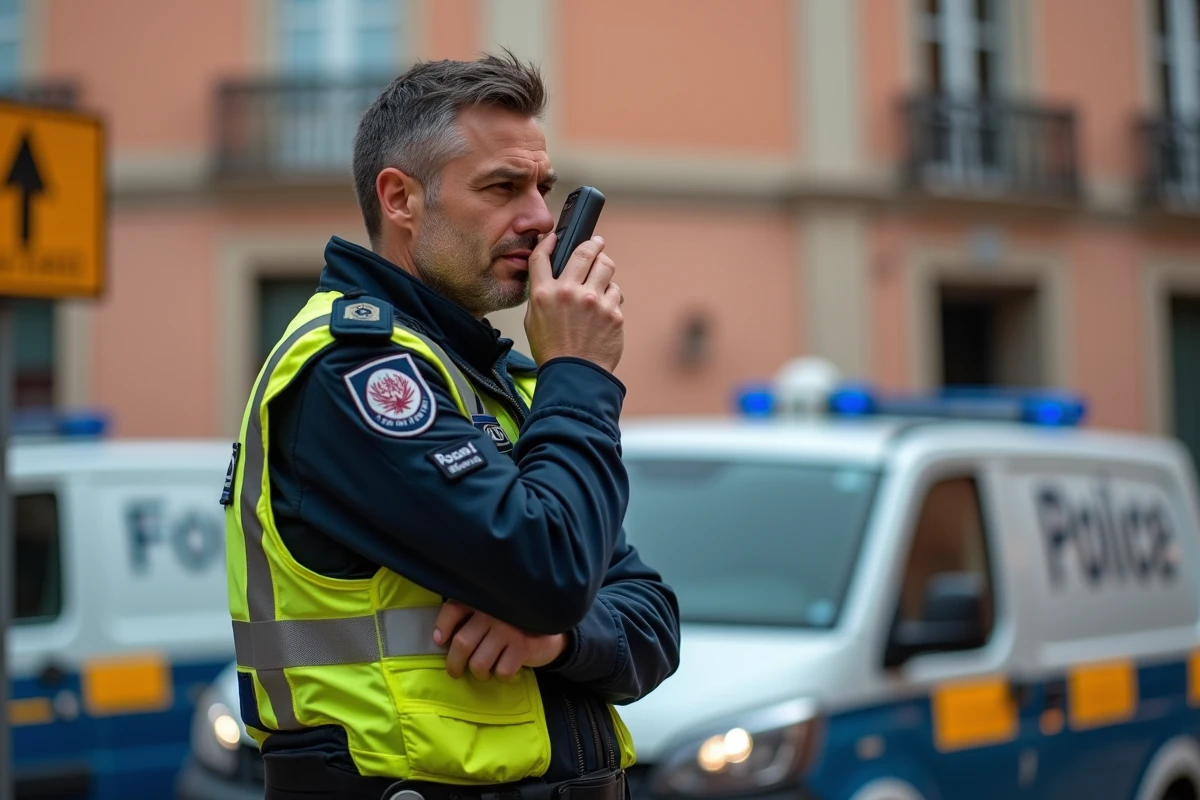 Policier en gilet haute visibilité gérant la déviation de circulation dans une rue de Toulouse après un accident mortel