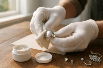 Personne polissant une bague en argent avec un chiffon blanc