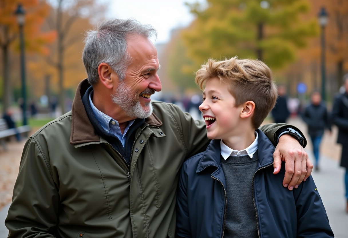Homme français souriant avec un garçon dans un parc automnal