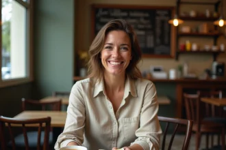 Une femme dépose un pourboire en espèces sur une table de café parisien, illustrant la pratique du tip en France