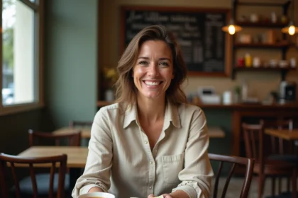 Une femme dépose un pourboire en espèces sur une table de café parisien, illustrant la pratique du tip en France