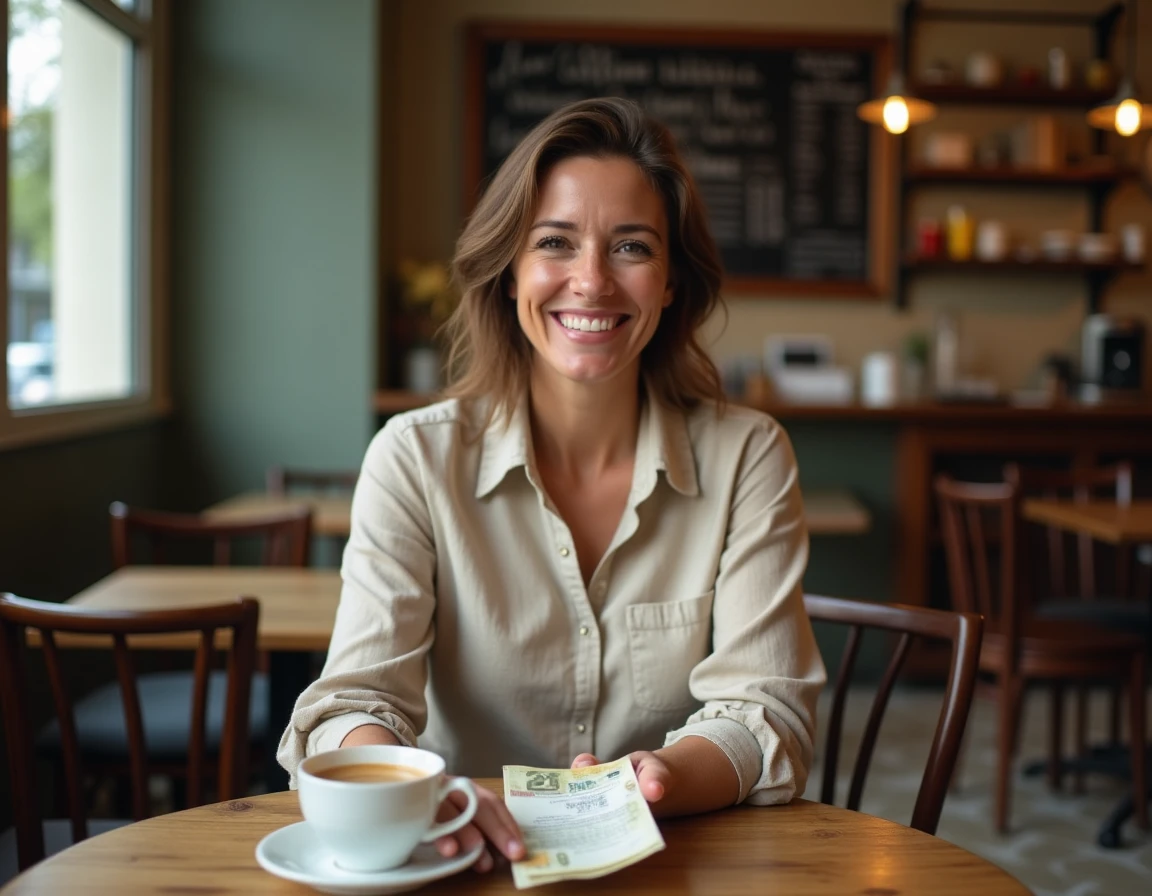 Une femme dépose un pourboire en espèces sur une table de café parisien, illustrant la pratique du tip en France