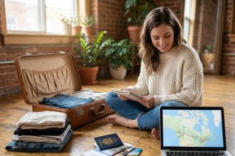 Jeune femme préparant ses valises pour un PVT au Canada avec passeport et documents de voyage visibles