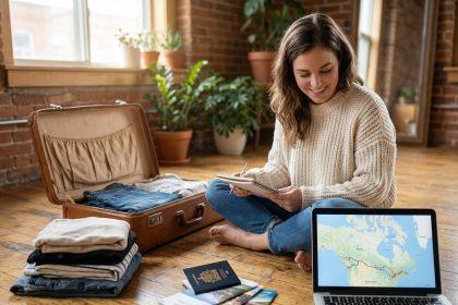 Jeune femme préparant ses valises pour un PVT au Canada avec passeport et documents de voyage visibles