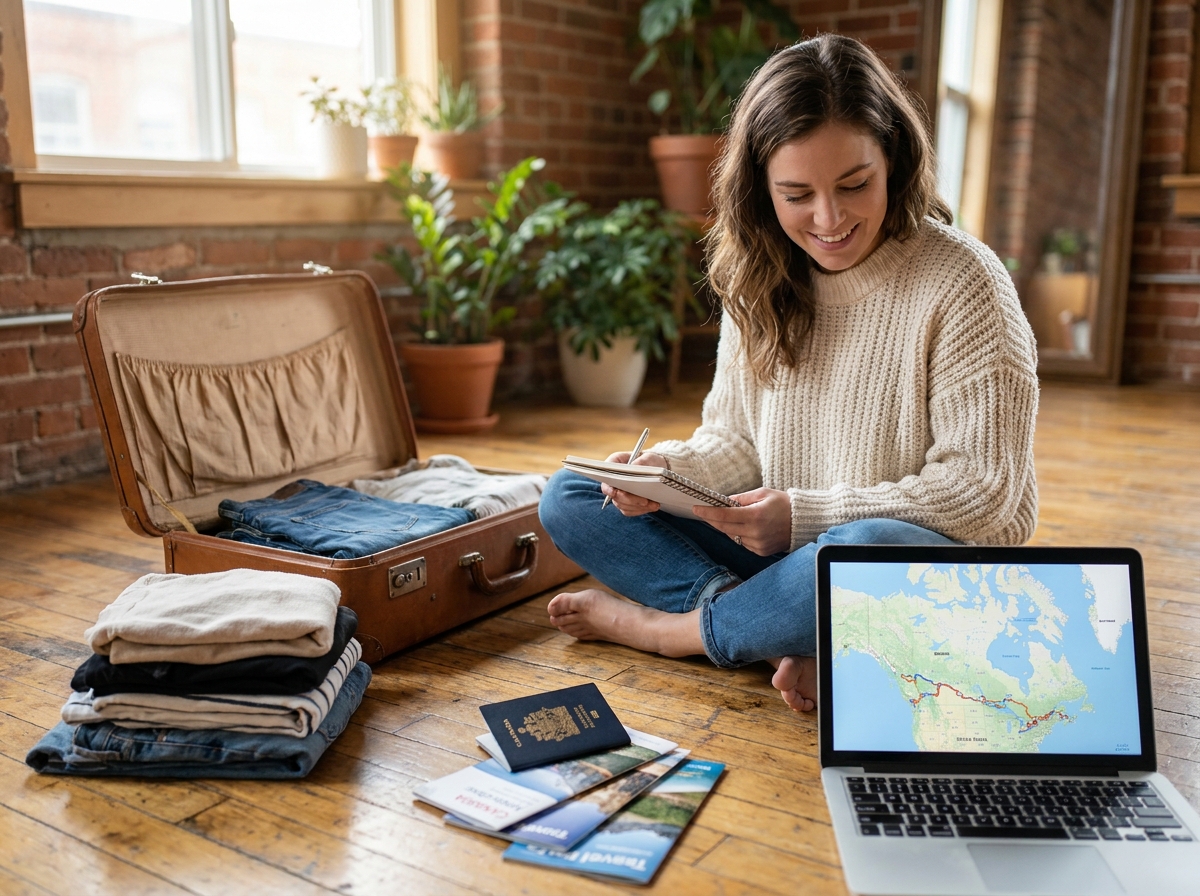 Jeune femme préparant ses valises pour un PVT au Canada avec passeport et documents de voyage visibles
