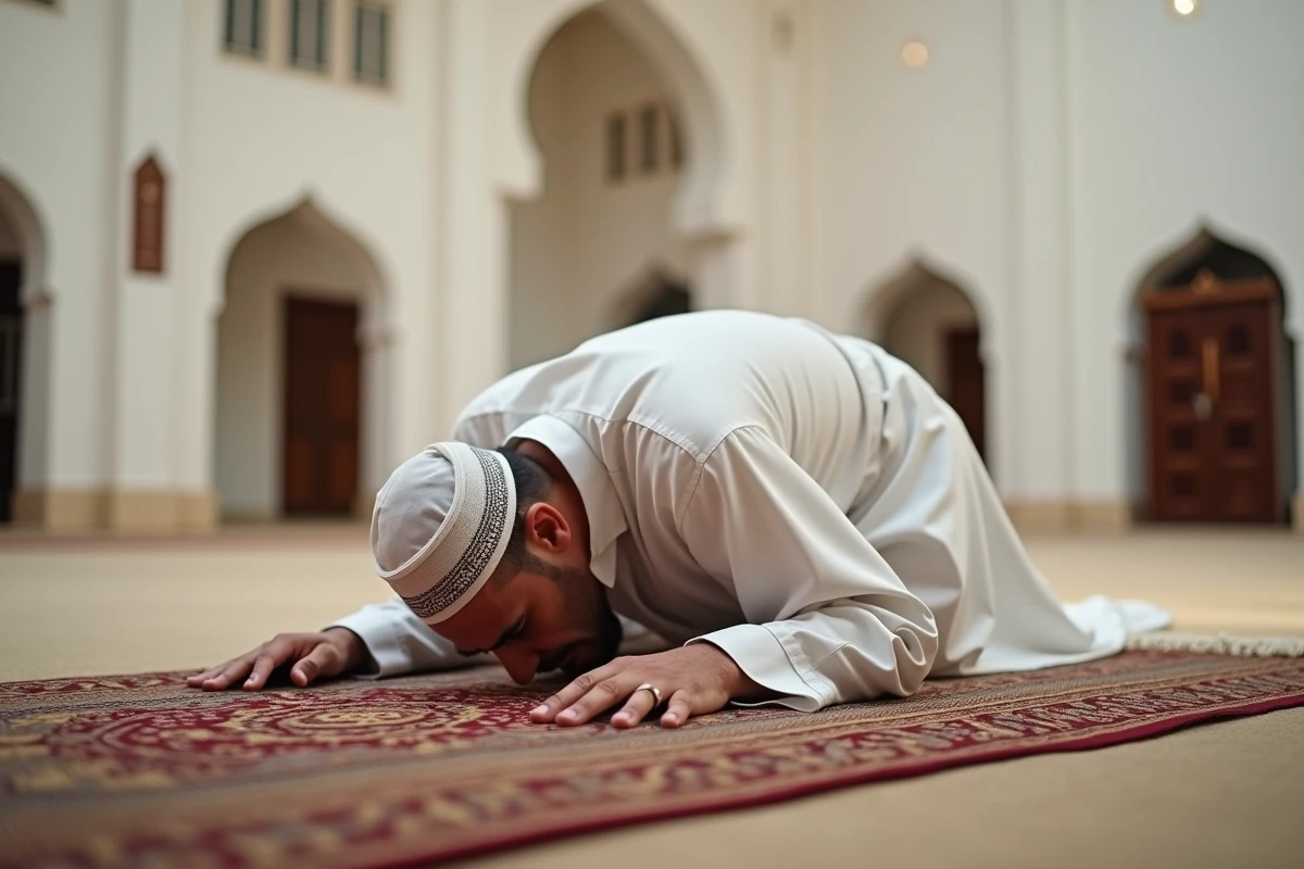 Homme en djellaba blanche priant sur un tapis de prière dans une mosquée de Grenoble