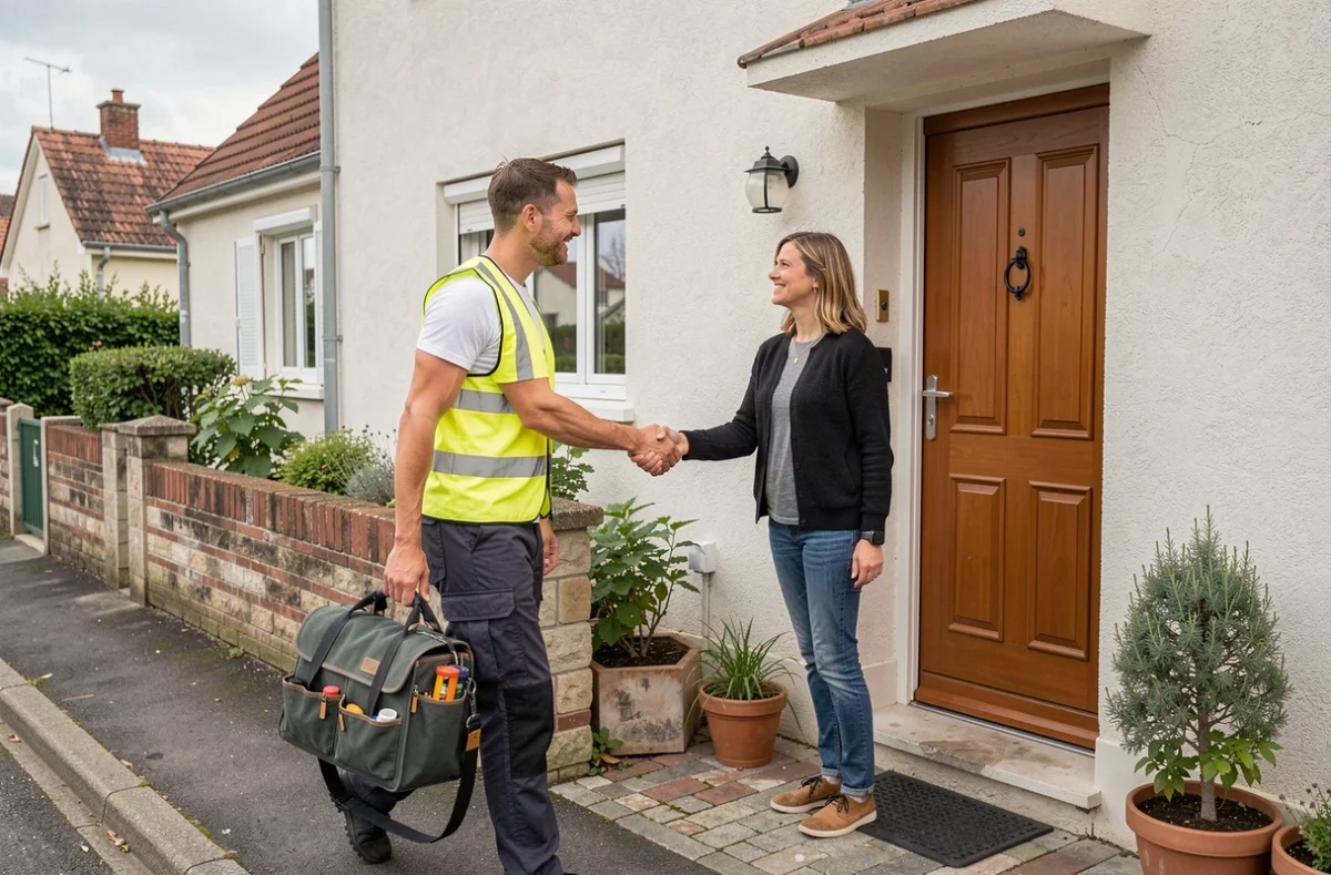 Technicien de Pro Habitat Services accueilli par une cliente à domicile pour une intervention de serrurerie à Montauban