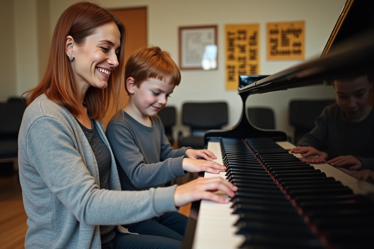 Professeure de piano montrant la touche si bémol à un élève enfant dans une école de musique