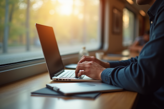 Professionnel utilisant un ordinateur portable sur une table de train