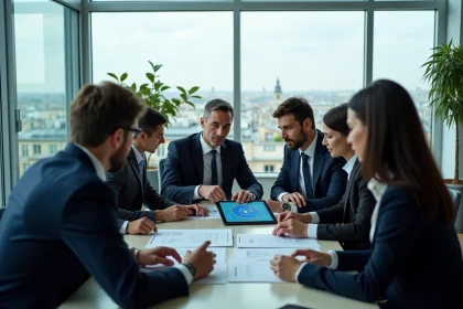 Groupe de professionnels à Paris discutant blockchain