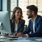 Deux professionnels en bureau moderne échangeant des idées