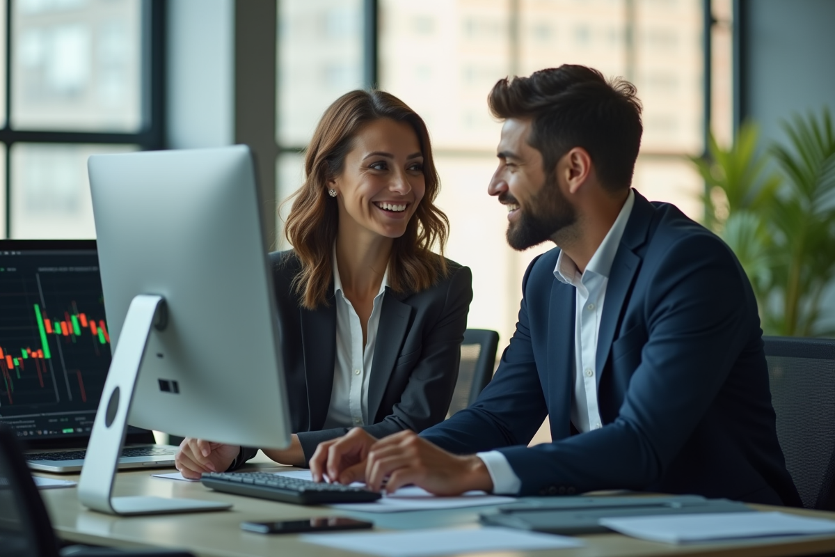Deux professionnels en bureau moderne échangeant des idées