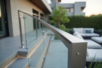 Profil en inox brossé pour garde-corps extérieur sur escalier de terrasse contemporaine