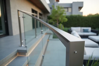 Profil en inox brossé pour garde-corps extérieur sur escalier de terrasse contemporaine