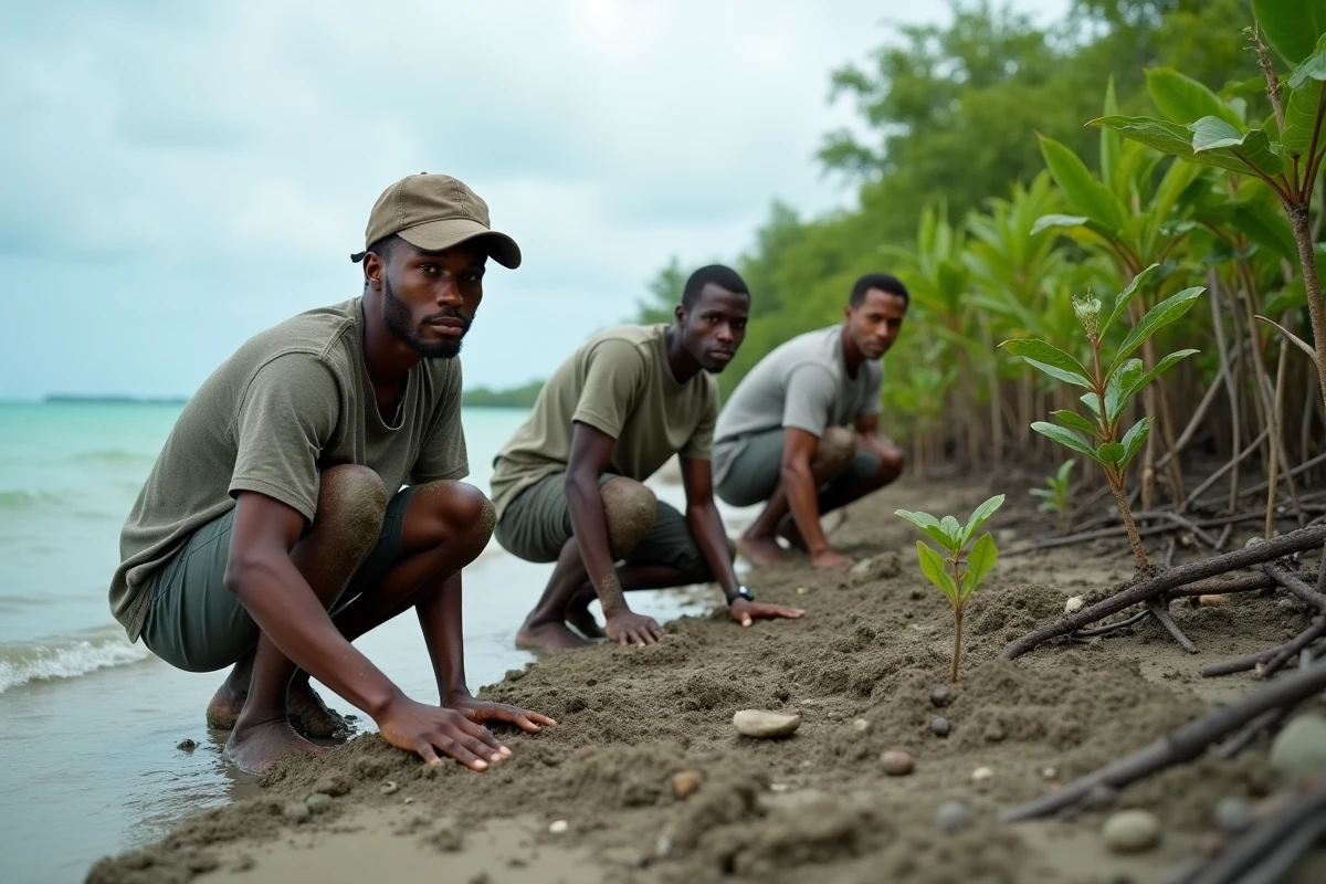Jeunes hommes comoriens replantant des palétuviers sur le littoral d'Anjouan dans le cadre d'un projet environnemental