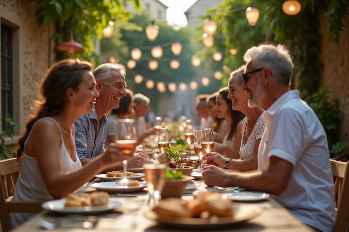 Couple partageant un repas festif en plein air lors d'un banquet de fête de village en France